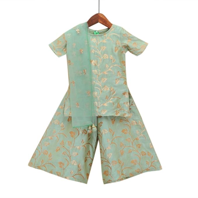 PICCOLO By Hopscotch Girls Silk Half Sleeves Floral Printed Kurta And Palazzos Set In Green Color
