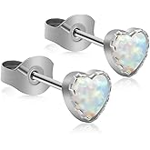 XUU G23 Titanium Heart Opal Stud Earrings for Women, Minimalist Push Back Piercing Jewelry, Hypoallergenic 20G Earrings Pair, Dainty Lobe Helix or Cartilage Stud