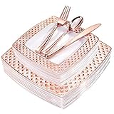 WDF 125PCS Rose Gold Plastic Plates with Disposable Plastic Silverware,Diamond Square Plastic Tableware include 25 Dinner Plates,25 Salad Plates,25 Forks, 25 Knives, 25 Spoons