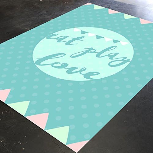 HawkerPeddler Nursery Decor Eat Play Love Bedroom Playroom Birthday Gifts Large Floor Area Blue 5ft x 4ft Thin Rug