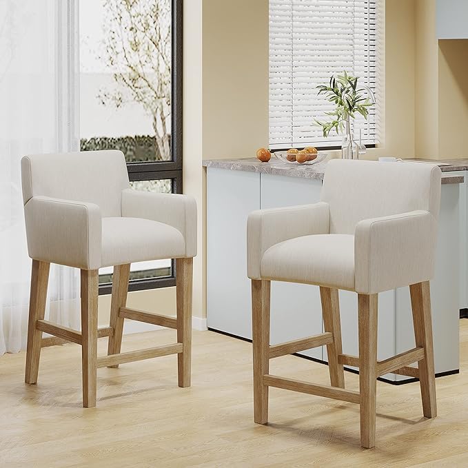 Photo 1 of ***Just One Stool***  Merax 26" Fabric Upholstered Wood Counter Stools with Backrest and Armrests,Set of 2,Classic Barstools