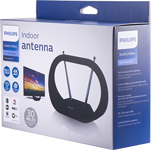 Philips | HD Loop Passive TV Antenna - Sleek Modern Design with Loop and Dipoles â€“ Full 1080p and 4K UltraHD Ready - Indoor VHF/UHF/HDTV Antenna with Rabbit Ears - 30 Mile Range - SDV7114A/27