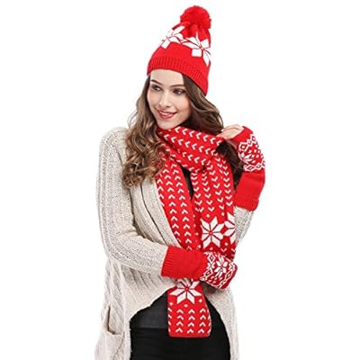 Bienvenu Women Lady Winter Warm Knitted Snowflake Hat Gloves and Scarf Winter Set Bienvenu Women Lady Winter Warm Knitted Snowflake Hat Gloves and Scarf Winter Set