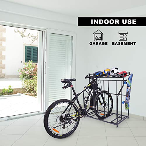 Mythinglogic Bike Rack, Bicycle Holder with Baskets Collection Organizer and 4 Hooks, 3 Bicycle Floor Parking Stands, Bike Storage Stand, Bike Rack Garage, Free Standing Bike Rack, Indoor Bike Rack
