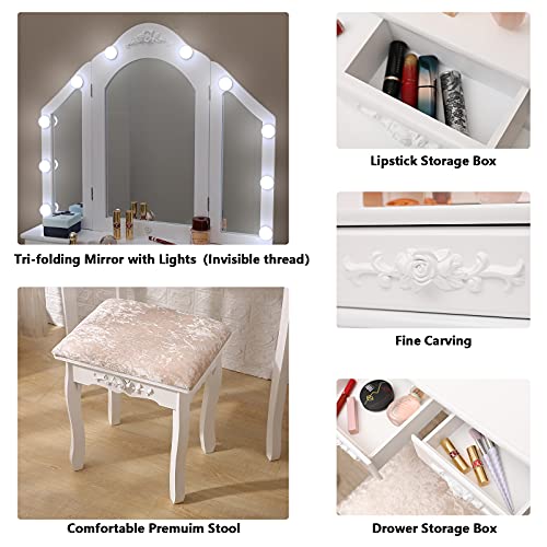 Maupvit-Vanity-Table-Set-with-Lighted-Mirror-and-Cushioned-Bench-Makeup-Dressing-Table-with-10-Light-BulbsTri-Folding-Mirror-and-4-Drawers-for-Women-and-Girls-Modern-Make-up-Dresser-Table-White