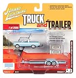 1964 Ford Ranchero Pickup Truck with Open Car Trailer Skylight Blue Ltd Ed to 2,560 pcs 1/64 Diecast Model Car by Johnny Lightning JLBT009 B