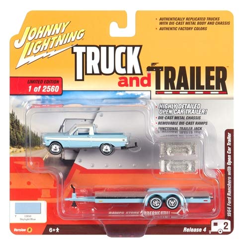 1964 Ford Ranchero Pickup Truck with Open Car Trailer Skylight Blue Ltd Ed to 2,560 pcs 1/64 Diecast Model Car by Johnny Lightning JLBT009 B