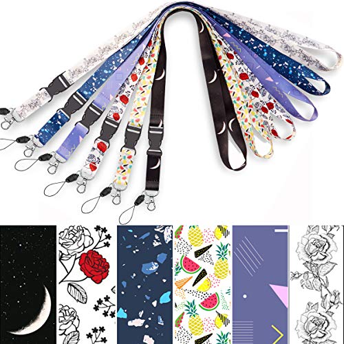 6 Pack Lanyard White Black Roses and Black one with moonLanyards with id Badges Holder Rose Neck Office Cruise Lanyard for Keys Women Men id Lanyard Card Holder Waterproof