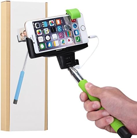 Selfie Stick, nilogie® Plug-N-Snap NIL-207 Self Portrait Extendable Handheld Monopod Stick with Adjustable Phone Holder with Built-in Remote Shutter - Charge Free - Designed for Apple iPhone and Android Smartphones - Green