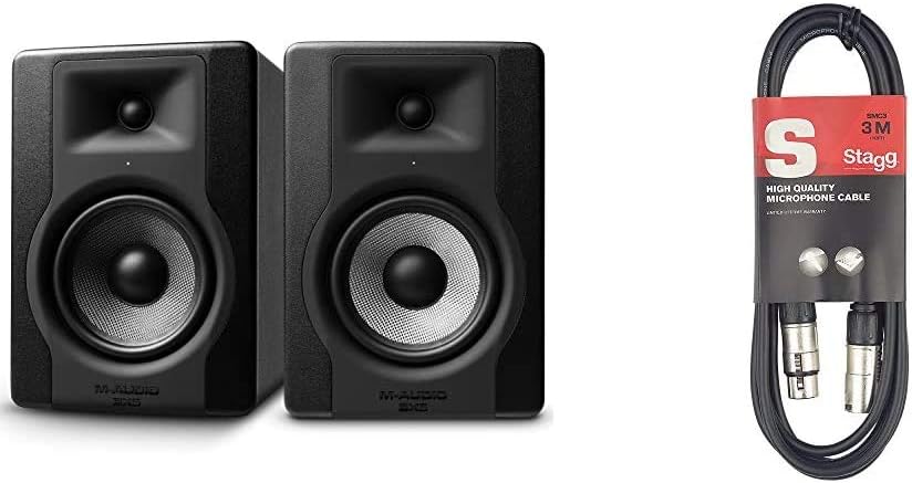 M-Audio BX5 D3 Pair - Compact 2-Way 5 Inch Active Studio Monitors/Loudspeakers for Music Production (2 Pieces) & Stagg 3m XLR to XLR Plug Microphone Cable