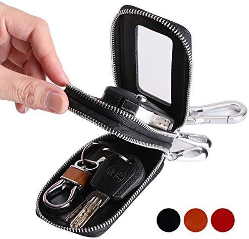 Jasilon Car Key Case, [Luxury Genuine Leather][Double Zipper][Large Capacity] Car Key Fob Case, Car Key Holder with Meatal Hook for Women Men-Black