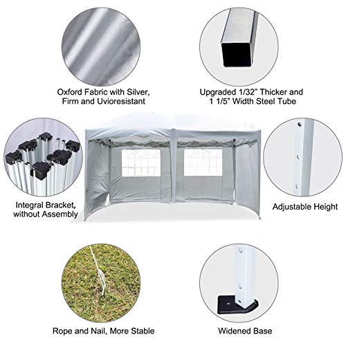 charaHOME 10x20 Outdoor Canopy Tent,10 X 20 Ez Up Pop Up Tent,Adjustable Folding Gazebo Pavilion Patio Shelter With 4 Sidewalls,Easy Pop Up Canopy Heavy Duty Tent,10 x 20 Canopy Beach Tent,White Color