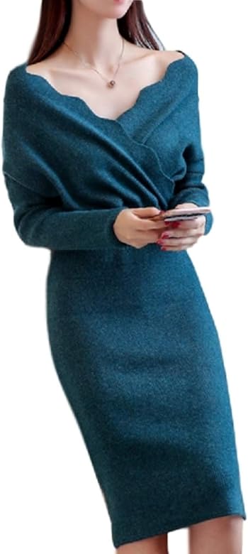 Mua Plaistel スカラップ カシュクール ニット ワンピース ターコイズ ブルー レディース 服 長袖 ひざ丈 セクシー オフショル 秋服 冬服 おおきいサイズ ニットワンピース Vネック ワンピ 上品 セクシードレス インディゴ ネイビー 青 紺 Tren Amazon Nhật Chinh