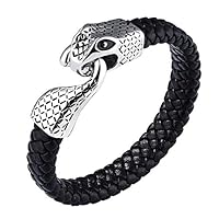 Yaoyodd19 Fashion Men Faux Leather Braided Steel Snake Hook Clasp Bracelet Bangle Jewelry - 22cm Bracelets for Women Men