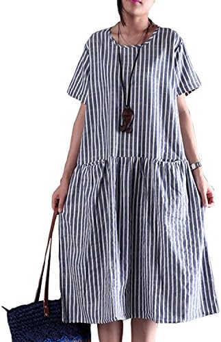 Fancy beautystyle Women's Stripe Dress Baggy Dress Asymmetrical Tunic Dress Loose Linen Summer Dress (X-Large, Blue)