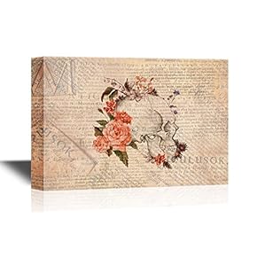 Skull Series Canvas Wall Art - Skull with Flowers on Vintage Newspaper Background - Gallery Wrap Modern Home Art | Ready to Hang - 12x18 inches