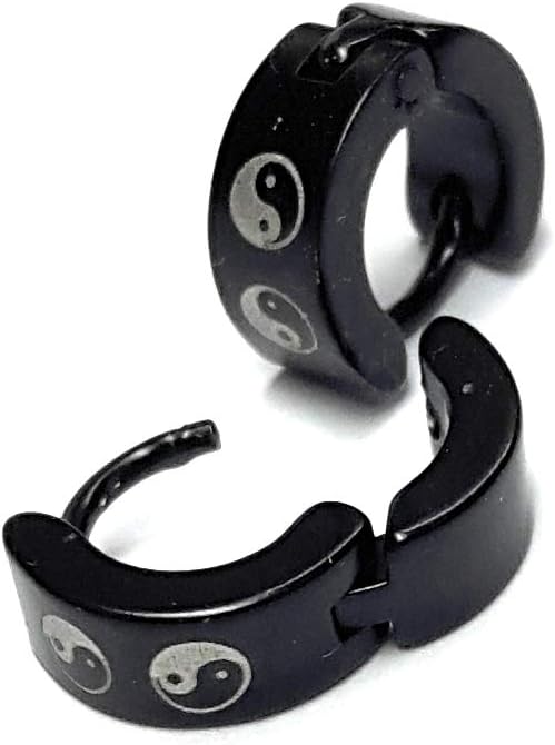 SupattraYing Yang Earrings 7mm Hoop Stainless Steel Black Plated for Men Women