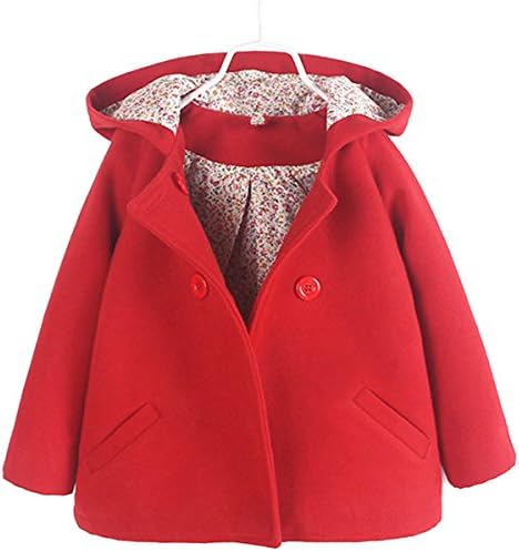 Baby Girls Double Breasted Hooded Woolen Coat Outerwear (8/130#, Red)