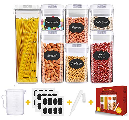 Airtight Food Storage Containers,MASSUGAR 7 Piece Set Food Storage Container + Measuring Cup + 24 Chalkboard Labels & Chalk Marker - Food Grade Durable BPA Free Cereal Containers