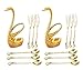 Dinnerware Set & Fruit Fork Set & Dessert Flatware Set, CRIVERS Decorative Swan Base Holder with 3 Forks and 3 Spoons (Set of 2) (Gold)