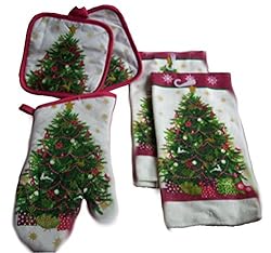 See Christmas House 5 Piece Kitchen Linen Set - Traditional Christmas Tree Design! Includes: 2 Towels 2 Pot Holder 1 Oven Mit Details