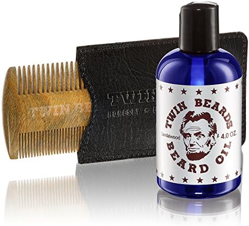 Twin Beards Beard Care Set for Men | 100% Sandalwood Beard Comb & PU Leather Slipcase | Vitamin E for Healthy Skin | Conditions for a Soft & Full Beard | Sandalwood & Jojoba Oil | 4 Oz U.S.A.