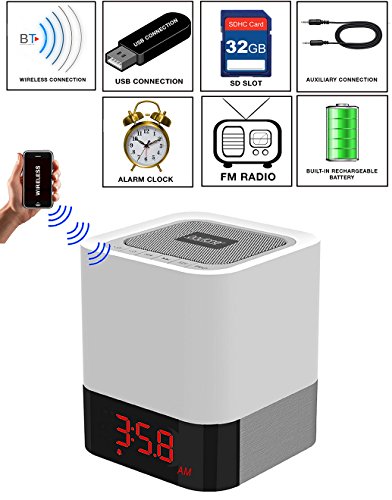 UPC 642014747238, Boytone BT-83CR Portable FM Radio Alarm Clock Wireless Bluetooth 4.1 Speaker, 3-Way Night Light Touch Lamp, Built–in 8 Hours Play Rechargeable Battery, LED, Mic, USB &amp; Micro SD Slot, AUX, 110/220 V