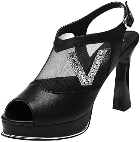 Kiwii Women Fashion Graceful Sexy Peep Toe Leather and Mesh Drill Platform High Heel Pump Shoes(5 B(M) US, Black)