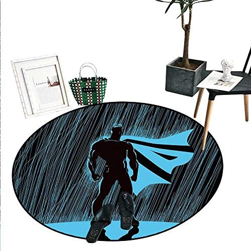 Superhero Round Area Rug Hero in Rain at Night Dramatic Super Defender Macho Pride Neon Male Illustration Circle Rugs for Living Room （3'6" Diameter） Blue Black