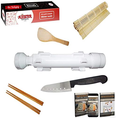 kikatou Sushi Rolling Device and Makis 1: 1 Kit Easy Sushi Bazooka – Pack 6en Japanese Santoku Knife + 2 Pairs of Chopsticks Bamboo Mat Bamboo + 1 Spoon