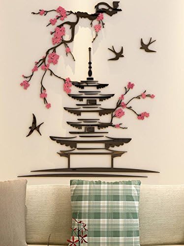 Acrylic Wall Stickers, 3D Crystal Wall Decals- Chinese Spring Scenery with Pagoda, Peach Blossom and Birds (Small)