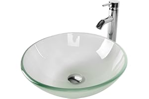 PULUOMIS Tempered Glass Vessel Bathroom Vanity Sink Round Bowl with Chrome Faucet Pop-up Drain Combo(Frosted)