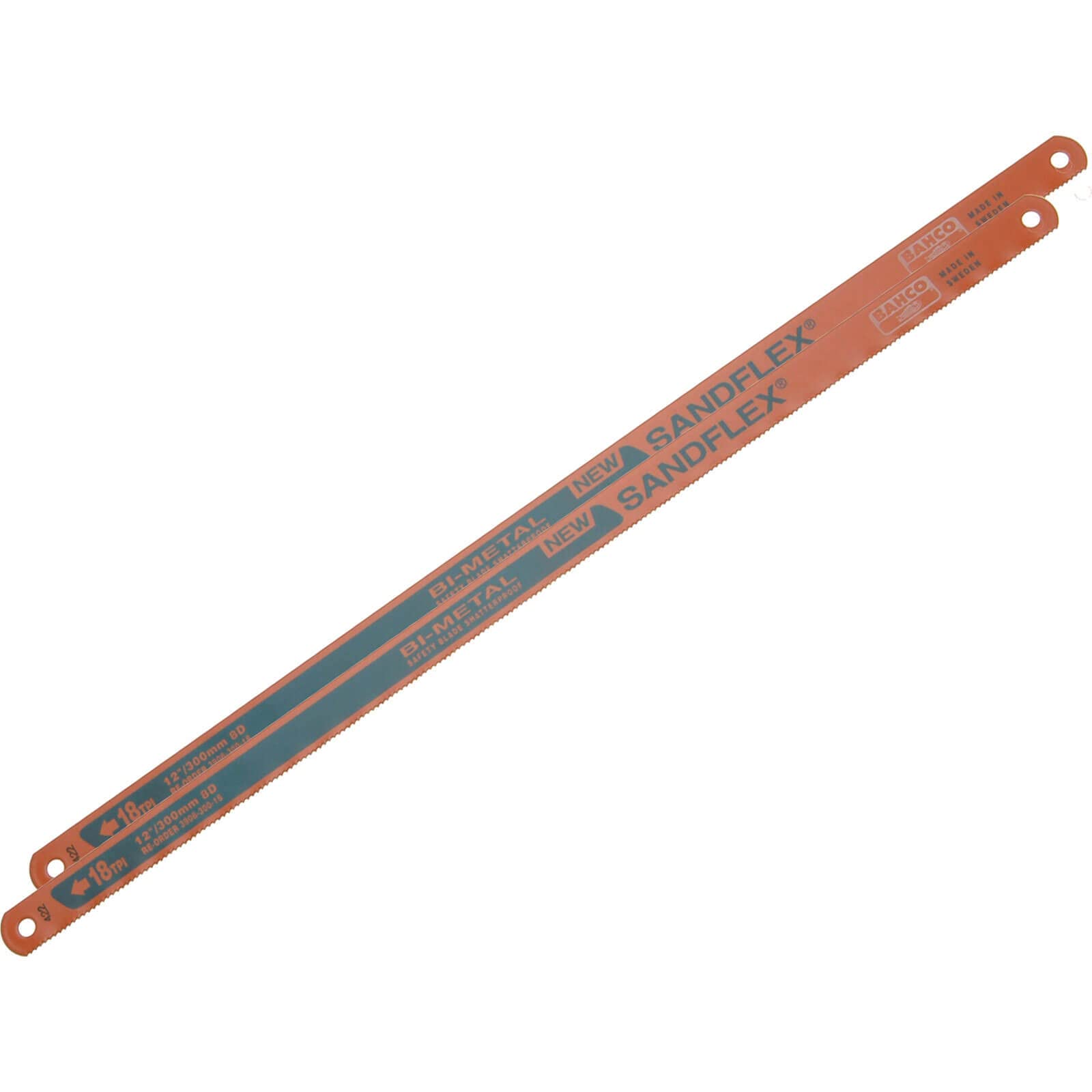 Bahco 3906-300-18-2P 18 TPI "Sand Flex" Bi-Metal Hand Hacksaw Blade, Orange, 300 mm, Set of 2 Piece