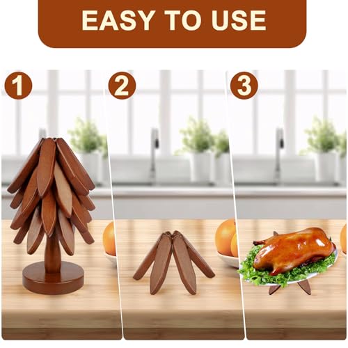 Wooden Trivets for Hot Dishes - 4 Wooden Trivets + 1 Stand, Kitchen Wooden Tree Trivet Set for Hot Dishes/Pot/Bowl/Teapot/Hot Pot Holders, Walnut