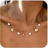 SELSHE Charm Necklace for Women,Dainty 14K Gold Plated Starfish Seashell Necklace Simple Gold Beach Necklaces for Women Trendy Beach Jewelry