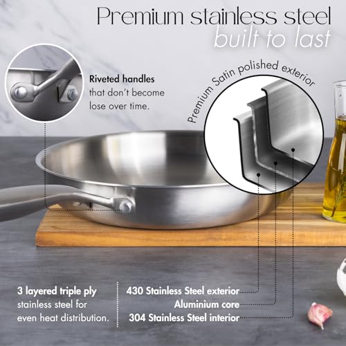 Stainless Steel Frying Pan Set – 3pcs Induction Hob Pan Set – Naturally Non-Stick Tri-Ply Stainless Steel – 18cm, 26cm & 30cm Cooking Pans – by Nuovva