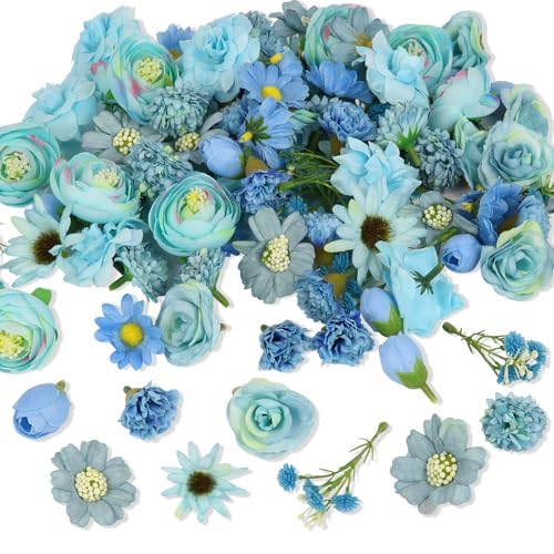 Photo 1 of 100 PCS Fake Flower Heads Mini Artificial Flowe Heads Bulk Silk Faux Flower for Crafts Cake Blossom Wreath Garland Bouquets for Crafts Wedding Bridal Party Baby Shower Home Decoration (Blue)