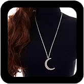 Vacaonio Minimalist Silver Long Moon Pendant Necklace Chain Dainty Long Moon Chain Necklaces Large Hammered Crescent Necklace Silver Sweater Necklaces Jewelry for Women
