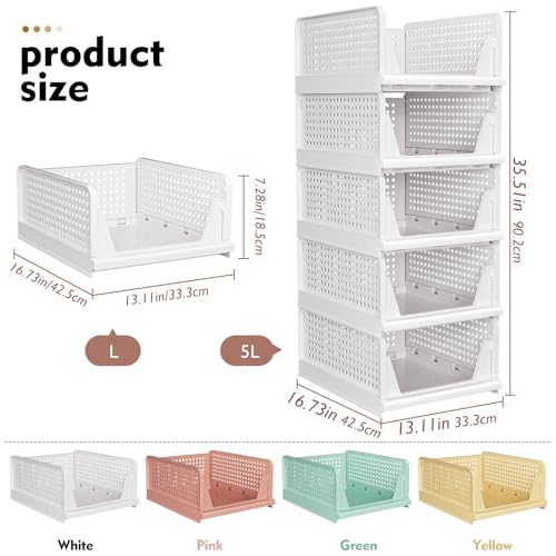 SNSLXH 5 Pack White Stackable Closet Organizer Box, Multifunctional & Foldable Storage Basket for Bathroom, Kitchen, Laundry Room, Wardrobe, Space-Saving Clothes Storage Drawer Organizer