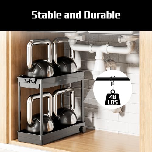 Cicilyna 2 Pack Under Sink Organizer, 2 Tier Bathroom Cabinet Organizers and Storage with Hook, Multi-purpose Storage Basket Shelf for Kitchen, Black