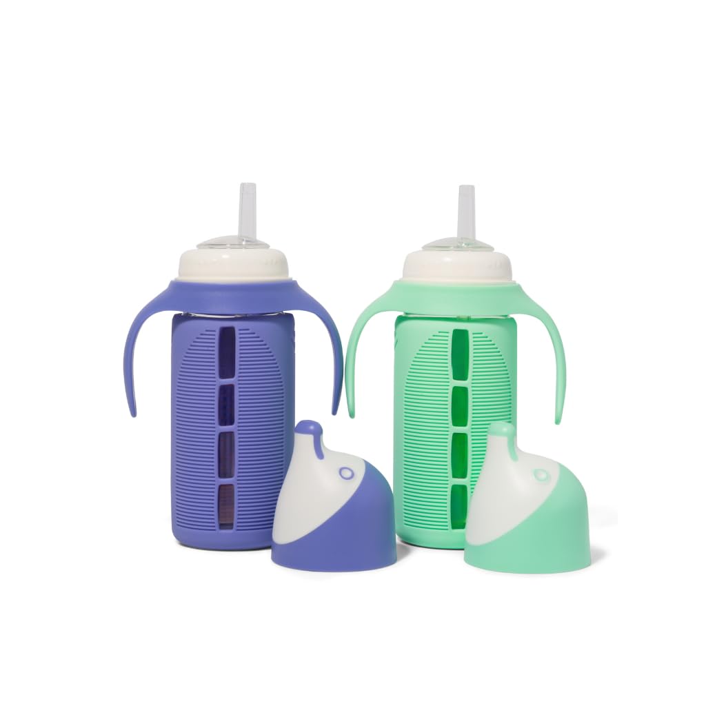 Photo 1 of Set of 2 - Glass Sippy Cup for Toddlers - The Luca | Mint Green & Indigo Purple | Spill-Proof | Silicone Straw | 8 oz | Liquids Never Touch Plastic | Removable Handles…