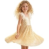 WELAKEN Girls Sparkly Sequin Dress Feather Strap Pleated Twirl Party Formal Dress