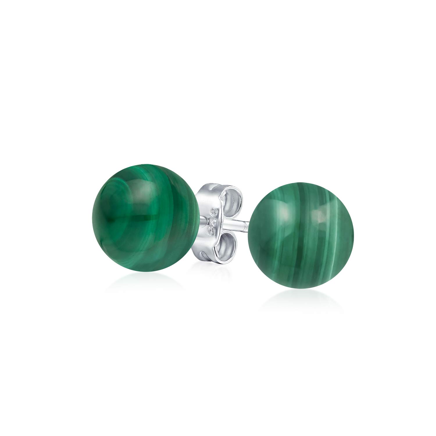 Simple Gemstone Green Malachite Round Ball Stud Earrings For Women .925 Sterling Silver 8MM — image 1