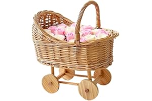JOYWU Woven Rattan Stroller-Shaped Basket, Vintage Carriage Flower Basket with Wooden Wheels & Handle, Handwoven Rustic Decor