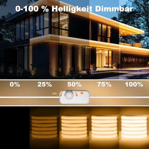 Gliztech IP67 Waterproof COB LED Strip AC 230 V Direct Plug, 20 m Super Bright LED Light Strip, Self-Adhesive Outdoor with Double Fuse Controller, 2700 K LED Strip, Warm White for Garden, Commercial Decoration