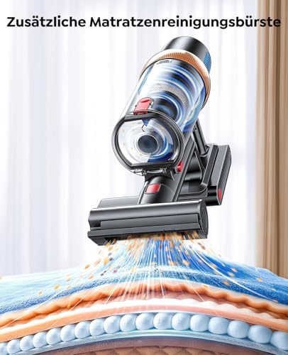 Battery Vacuum Cleaner 600 W/50 KPA/65 Min, Self-Standing Vacuum Cleaner Wireless with Mattress Cleaning Brush, Automatic Mode, Wall Charging Station, Fragrance Function, Multistage Filtration for Carpets/Hard Floors/Car