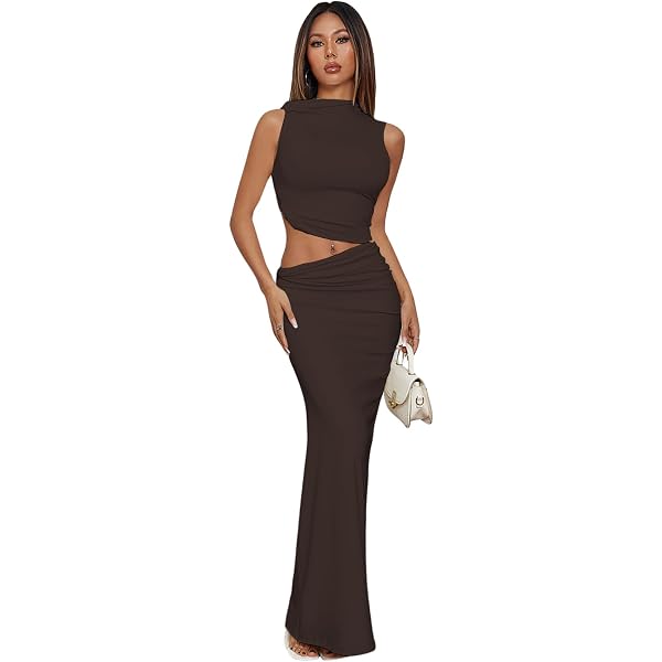 SOLY HUX Women's 2 Piece Skirt Set - Contrast Trim Ruffle Hem Cami Top & Maxi Skirt