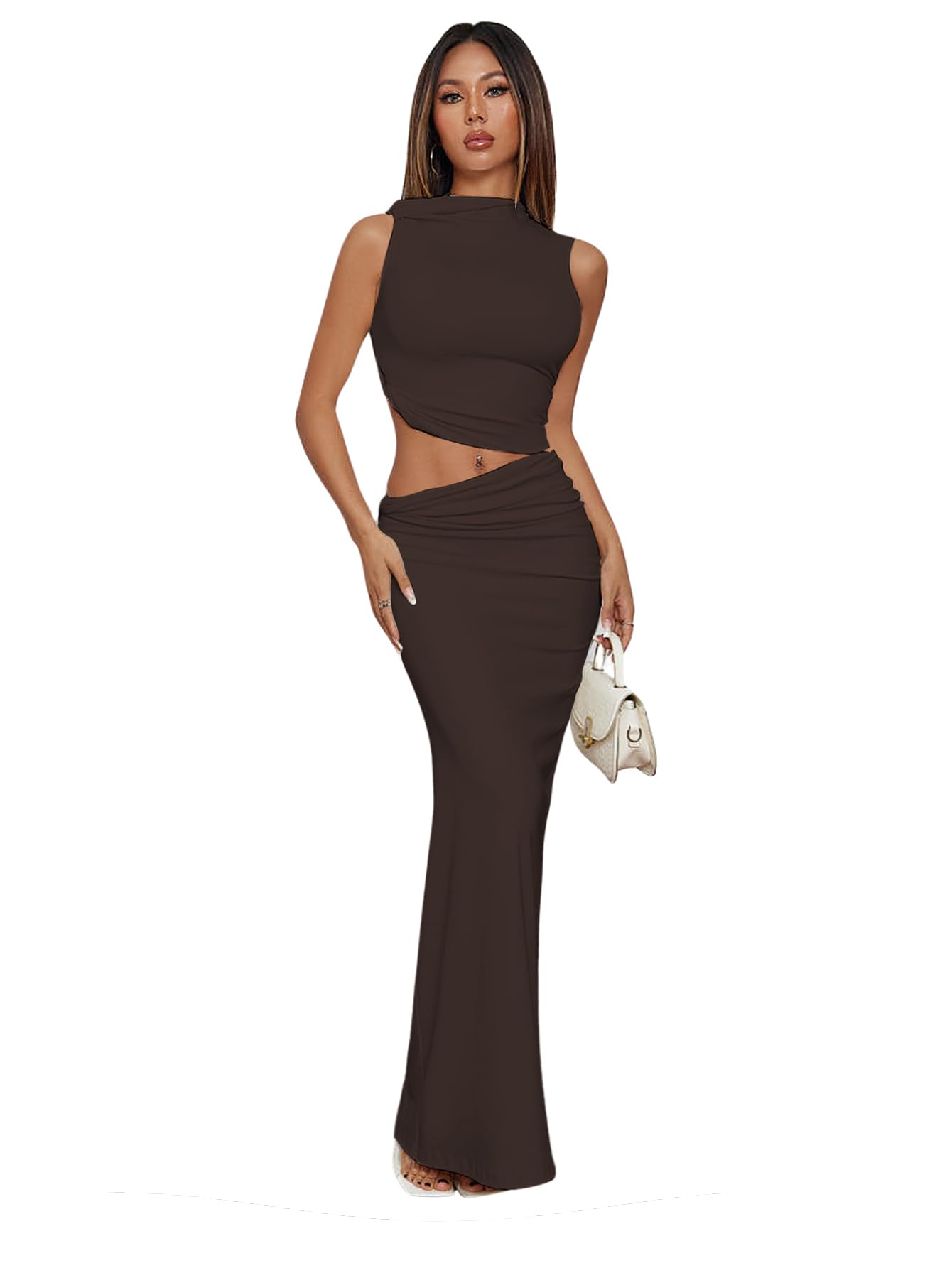 Photo 1 of Verdusa Two Piece Sets For Women Going Out Tops and Maxi Skirt Set Vacation Wedding Guest Outfits Brown Medium