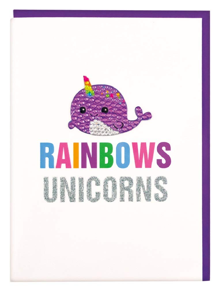 iscream Colorful 'Rainbows and Unicorns' Greeting Card with Removable Rhinestone Narwhal Decal and Envelope