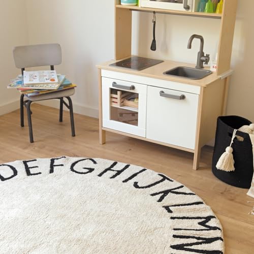 Lorena Canals Washable ABC rug for children's room or bedroom in natural/black. Handmade in round shape with cotton and non-toxic dyes - Ø150cm